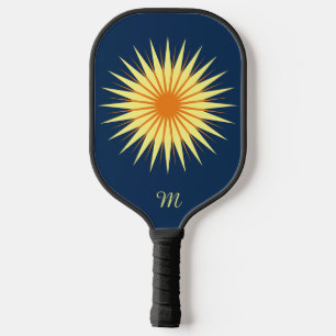 Raquette De Pickleball Fleur de Starburst Retro Monogramme Marine Jaune O