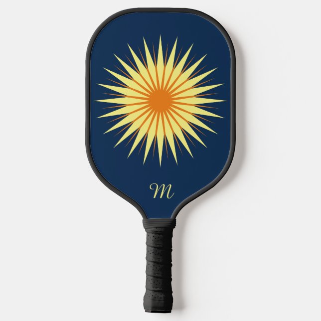 Raquette De Pickleball Fleur de Starburst Retro Monogramme Marine Jaune O (Verso)