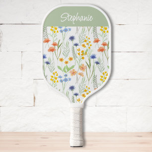 Raquette De Pickleball Fleur sauvage aquarelle vert orange Nom personnali