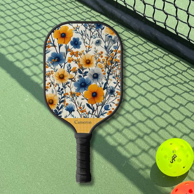 Raquette De Pickleball Fleurs de champ bleu et jaune Monogramme moderne (Créateur téléchargé)