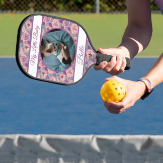 Raquette De Pickleball Fleurs roses violettes et bannières avec nom/phras