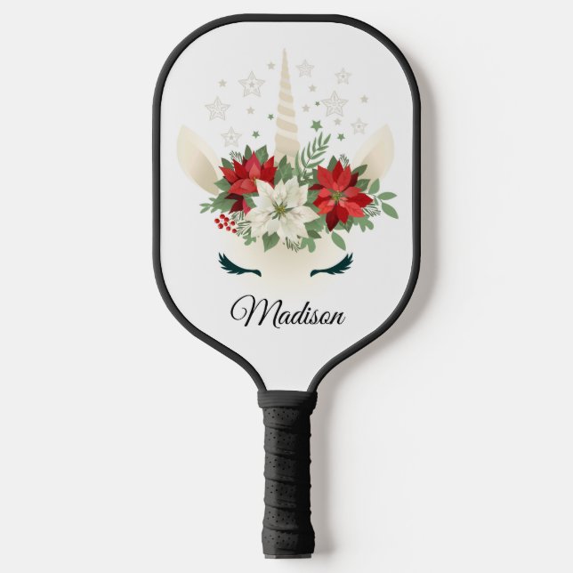 Raquette De Pickleball Floral Christmas Unicorn Nom personnalisé (Recto)