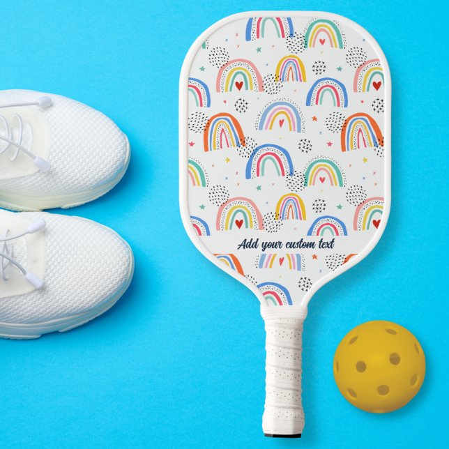 Raquette De Pickleball Fun Doodle Rainbow Heart Motif Nom du texte person (Créateur téléchargé)