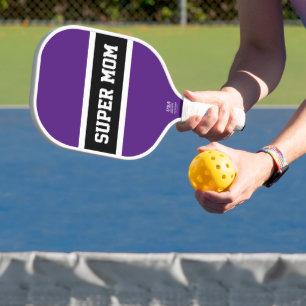 Raquette De Pickleball Fun Violet Noir Grandes Blancs "SUPER MOM" Texte