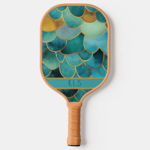Raquette De Pickleball Glam Mermaid Scales Turquoise et or Monogramme