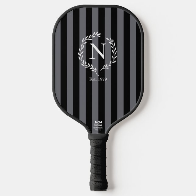 Raquette De Pickleball Gray and Black Stripes Monogram Wreath Est Year (Recto)