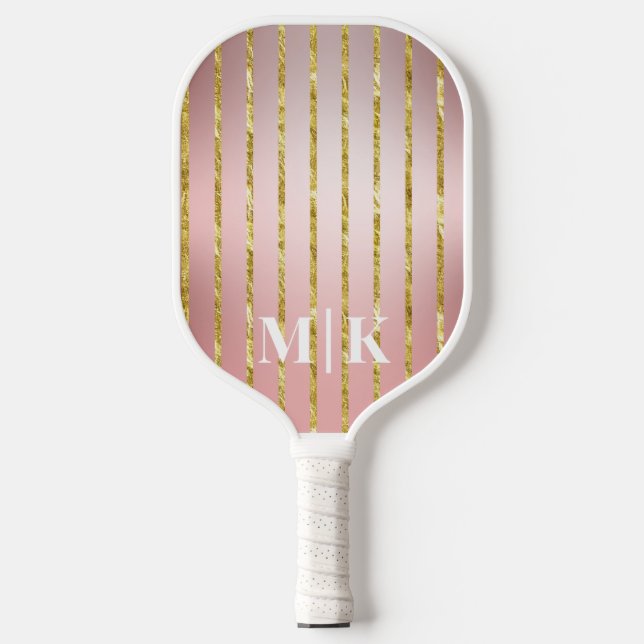 Raquette De Pickleball Grilles d'or Rose personnalisées Monogramme (Recto)
