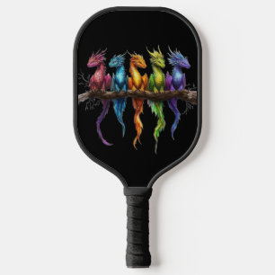 Raquette De Pickleball Groupe Arc-en-ciel de bébés dragons sur fond noir