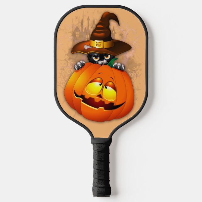 Raquette De Pickleball Halloween Cute Kitty Witch et ami Citrouille (Recto)