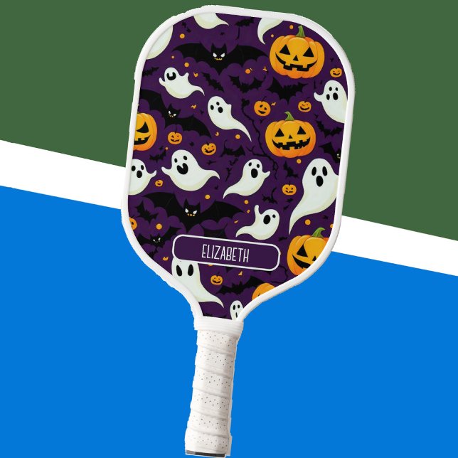 Raquette De Pickleball Halloween Nom Motif chauves-souris Boo Fantôme vio (Halloween Pattern Name Bats Boo Ghost Purple Cool Pickleball Paddle)