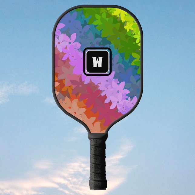 Raquette De Pickleball Happy Crazy Retro Fleurs arc-en-ciel avec initial (Créateur téléchargé)