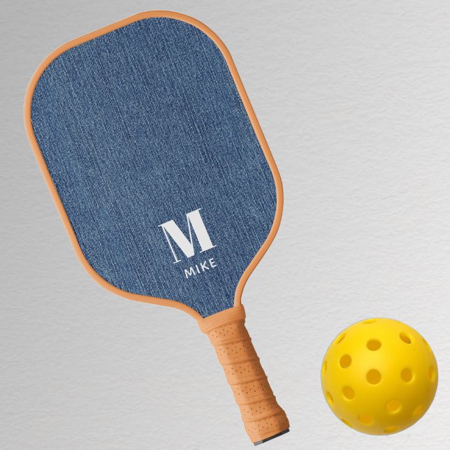 Raquette De Pickleball Impression Monogramme Simple Moderne Bleu Denim (Créateur téléchargé)