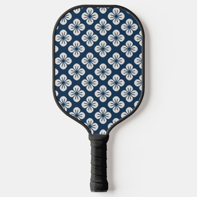 Raquette De Pickleball Japanese Navy Blue Ivory Floral Geometric Pattern (Recto)