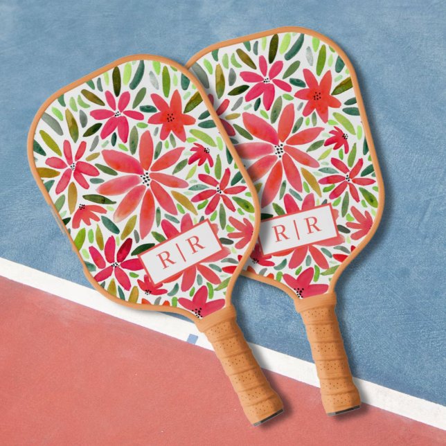 Raquette De Pickleball Joli Monogramme esthétique Initiale Flore Rouge (Créateur téléchargé)