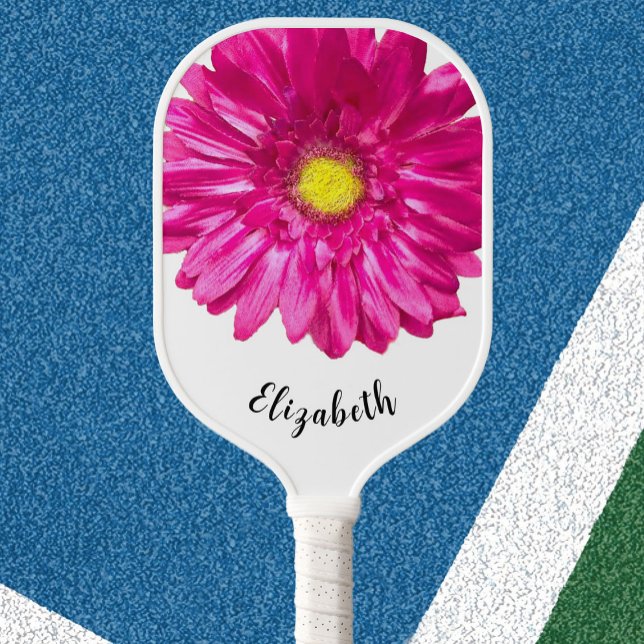 Raquette De Pickleball Jolie fleur marguerite rose nom personnalisé femme (Créateur téléchargé)