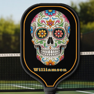 Raquette De Pickleball Jour du crâne de sucre floral des morts, Noir