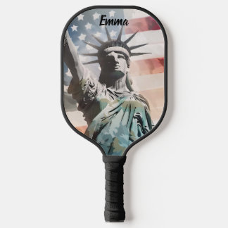 Raquette De Pickleball Lady Liberty et le drapeau américain Nom personnal