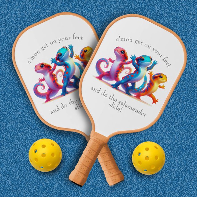 Raquette De Pickleball Les salamandres colorés font la glisse de Salamand (Dancing Salamanders Pickleball Paddle (Back and Front) Cover Photo)