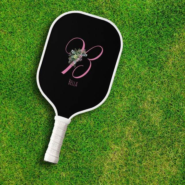 Raquette De Pickleball Lettre de fleur noire rose B (Créateur téléchargé)
