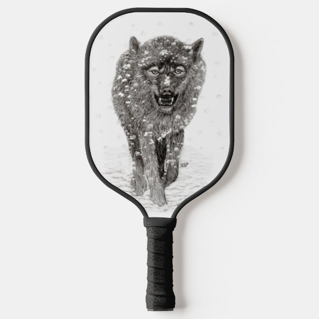 Raquette De Pickleball Loup noir en colère dans la neige, hiver sauvage (Recto)