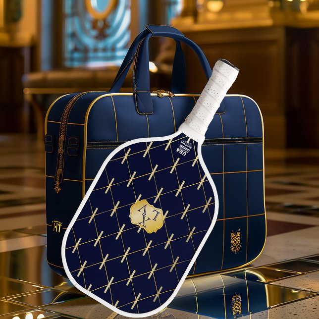 Raquette De Pickleball Luxury Navy Blue & Gold Lattice Monogram (Stylish Navy Blue and Gold Monogrammed Pickleball Paddle )