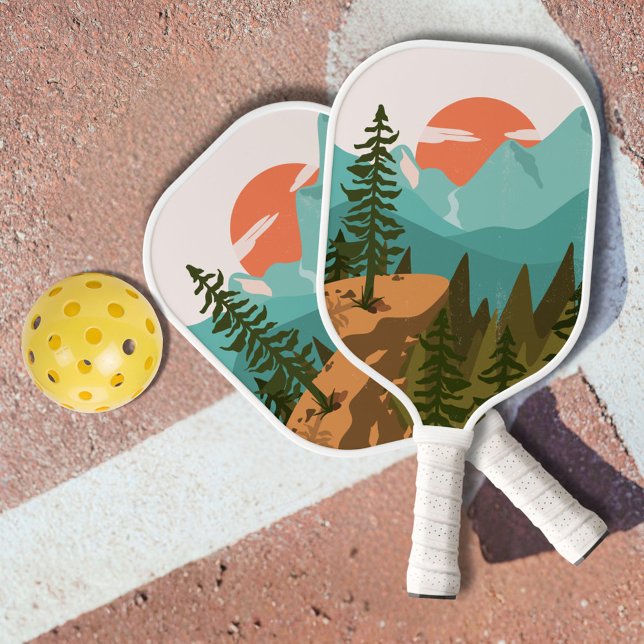 Raquette De Pickleball Modern Abstract Forest, Mountains, and Sunrise (In situ)