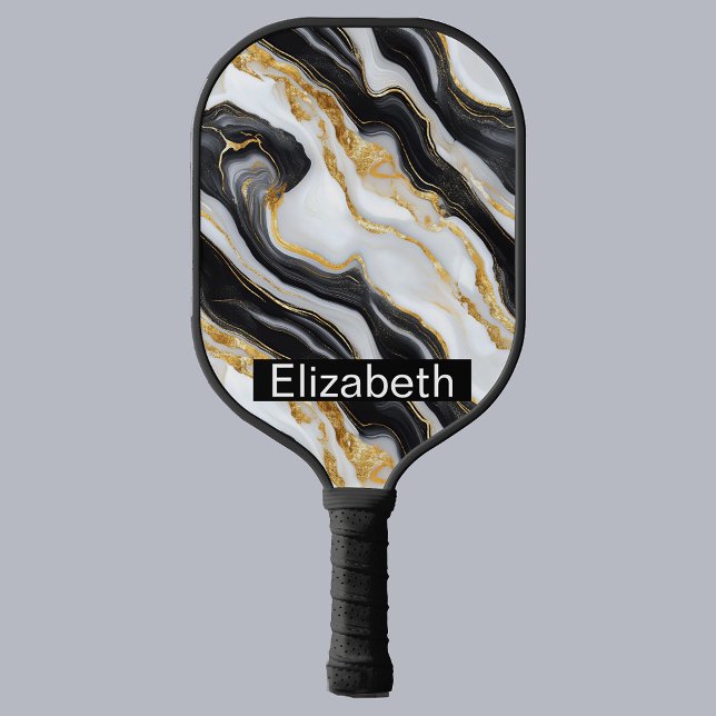 Raquette De Pickleball Modern Black White Gold Marble Personalized (Créateur téléchargé)
