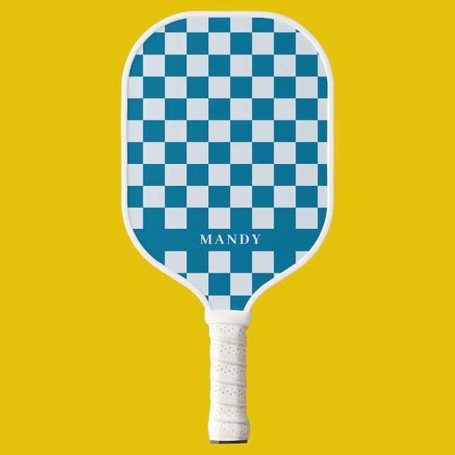 Raquette De Pickleball Modern Blue & White Checkerboard Custom Name  (Modern Blue & White Checkerboard Custom Name Pickleball Paddle
)