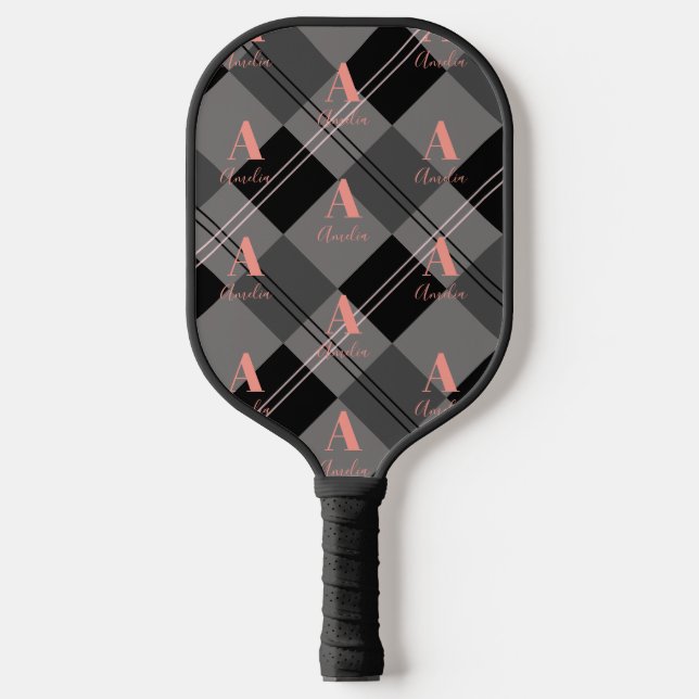 Raquette De Pickleball Moderne Monogramme Plaid gris rose noir (Recto)