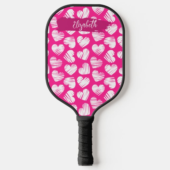 Raquette De Pickleball Moderne rose et blanc Doodled Heart Valentine Nom (Recto)