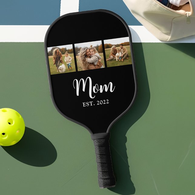 Raquette De Pickleball Mom Established Modern Script Text 3 Photo Black (Mom established 3 photo design with elegant white script)