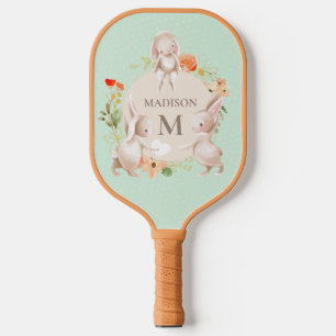 Raquette De Pickleball Monogram Cute Lapin lapins Floral Personnalisé