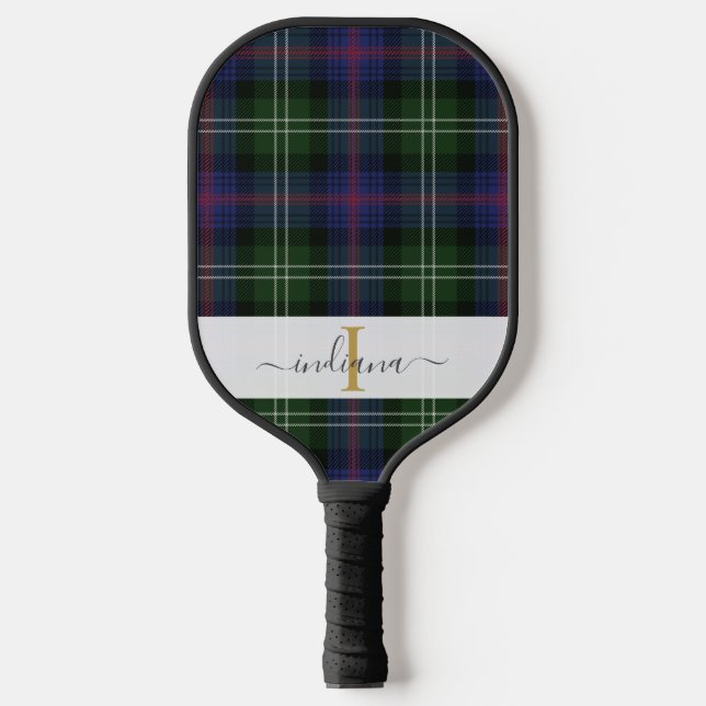 Raquette De Pickleball Monogram Script Nom Plaid Vert Violet Tartan (Recto)