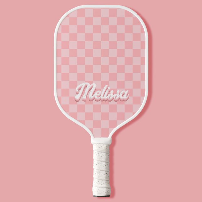 Raquette De Pickleball Monogramme À damiers rose rétro (Créateur téléchargé)