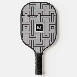 Raquette De Pickleball Monogramme Abstrait noir blanc personnalisé Nom