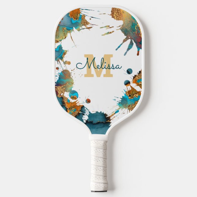 Raquette De Pickleball Monogramme Aquarelle Turquoise Or Orange Splatter (Recto)