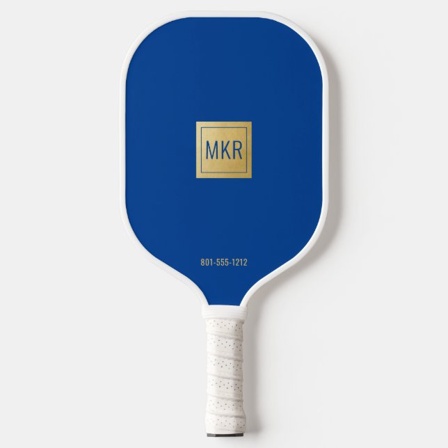 Raquette De Pickleball Monogramme Carré bleu et or de la marine (Recto)