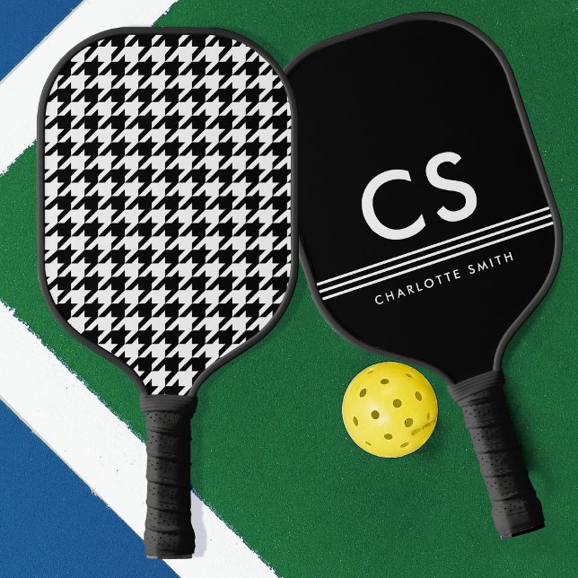 Raquette De Pickleball Monogramme classique Houndstooth noir et blanc (Créateur téléchargé)