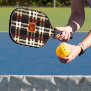 Raquette De Pickleball Monogramme Classique Style Plaid Noir Rouge & Beig