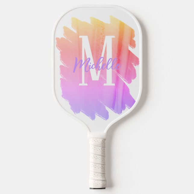 Raquette De Pickleball Monogramme d'aquarelle pourpre arc-en-ciel (Recto)