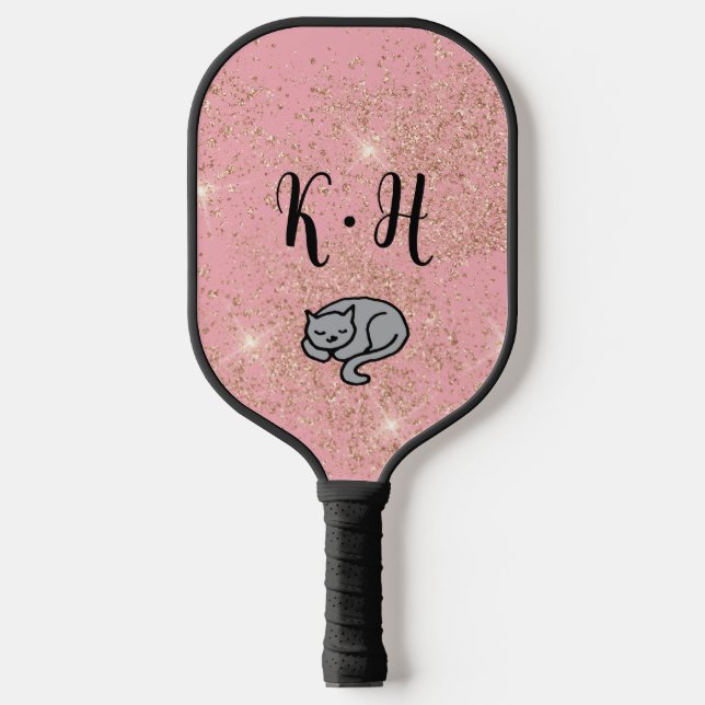 Raquette De Pickleball Monogramme de chat mignon rose Parties scintillant (Recto)