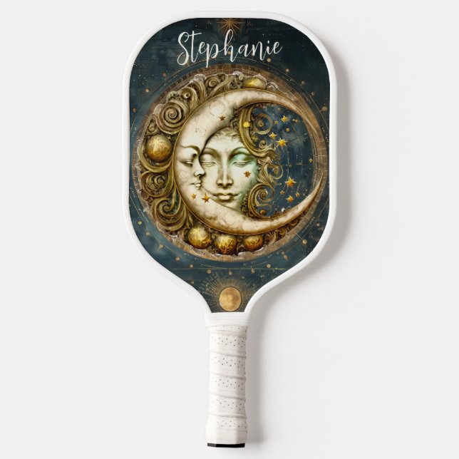 Raquette De Pickleball Monogramme de lune céleste rétro Zodiac (Verso)