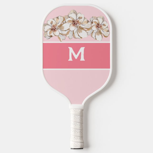 Raquette De Pickleball Monogramme de Magnolia rose personnalisé (Recto)