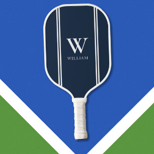 Raquette De Pickleball Monogramme de nom initial bleu et blanc moderne