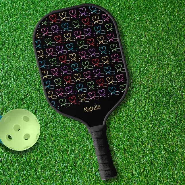 Raquette De Pickleball Monogramme de stéthoscope du coeur arc-en-ciel (Créateur téléchargé)