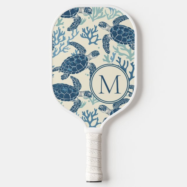 Raquette De Pickleball Monogramme de tortues marines bleues et crémeuses (Recto)
