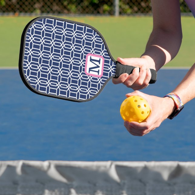 Raquette De Pickleball Monogramme d'octogone blanc de Preppy Navy (Insitu)