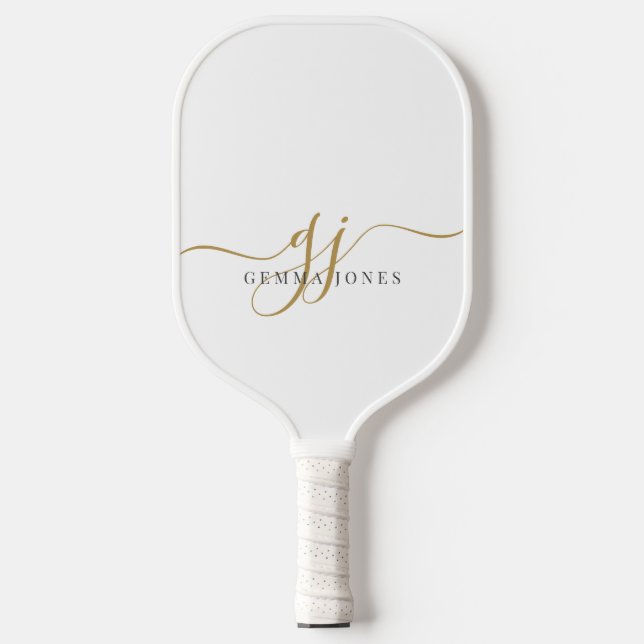 Raquette De Pickleball Monogramme d'or noir moderne Nom du script féminin (Recto)