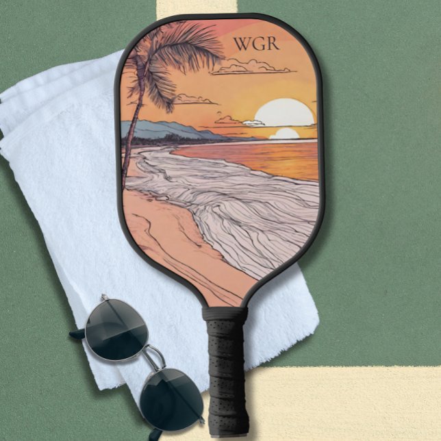 Raquette De Pickleball Monogramme du coucher de soleil sur la mer (Créateur téléchargé)