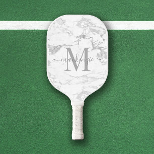 Raquette De Pickleball Monogramme en marbre argenté de luxe